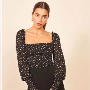 Reformation Pinto Smocked Puff Sleeve in Black Floral